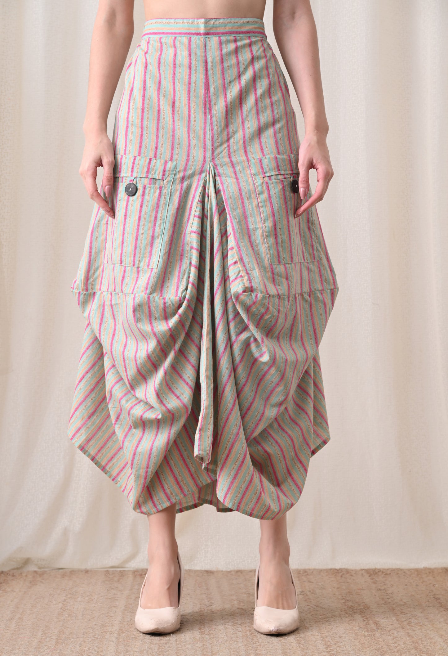 Sea Green Floral Hand-Block Shirt & Striped Utility Dhoti Co-ord Set