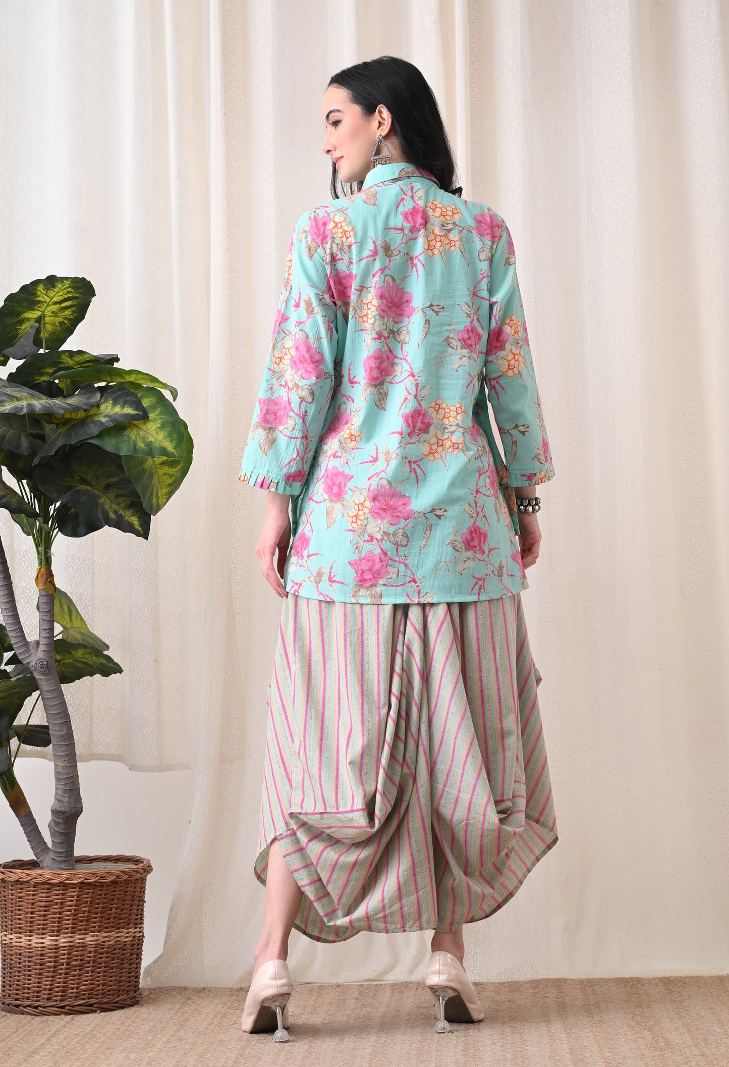 Sea Green Floral Hand-Block Shirt & Striped Utility Dhoti Co-ord Set