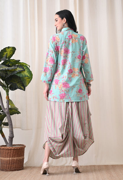 Sea Green Floral Hand-Block Shirt & Striped Utility Dhoti Co-ord Set