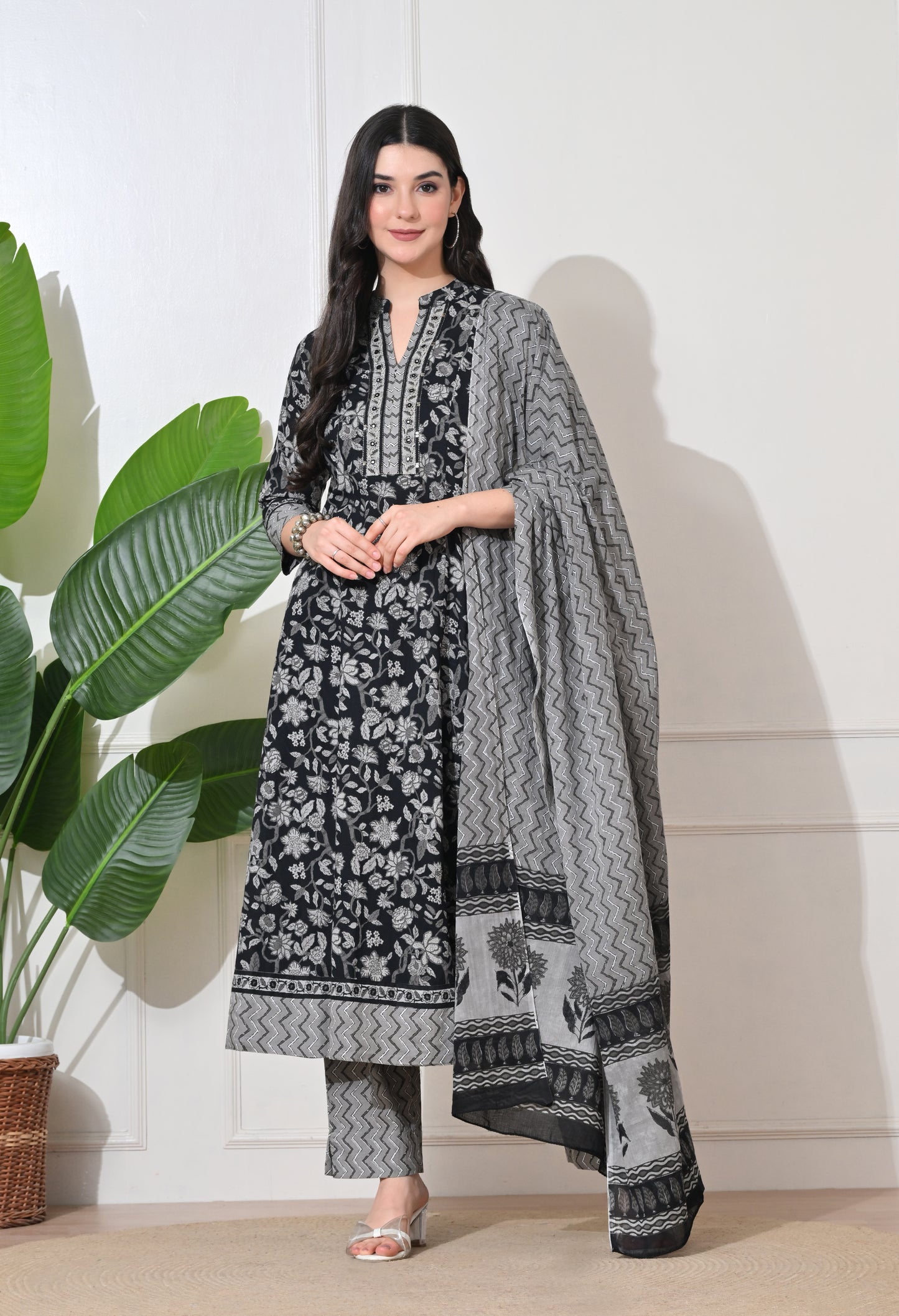 Monochrome Bloom Cotton Anarkali Suit Set