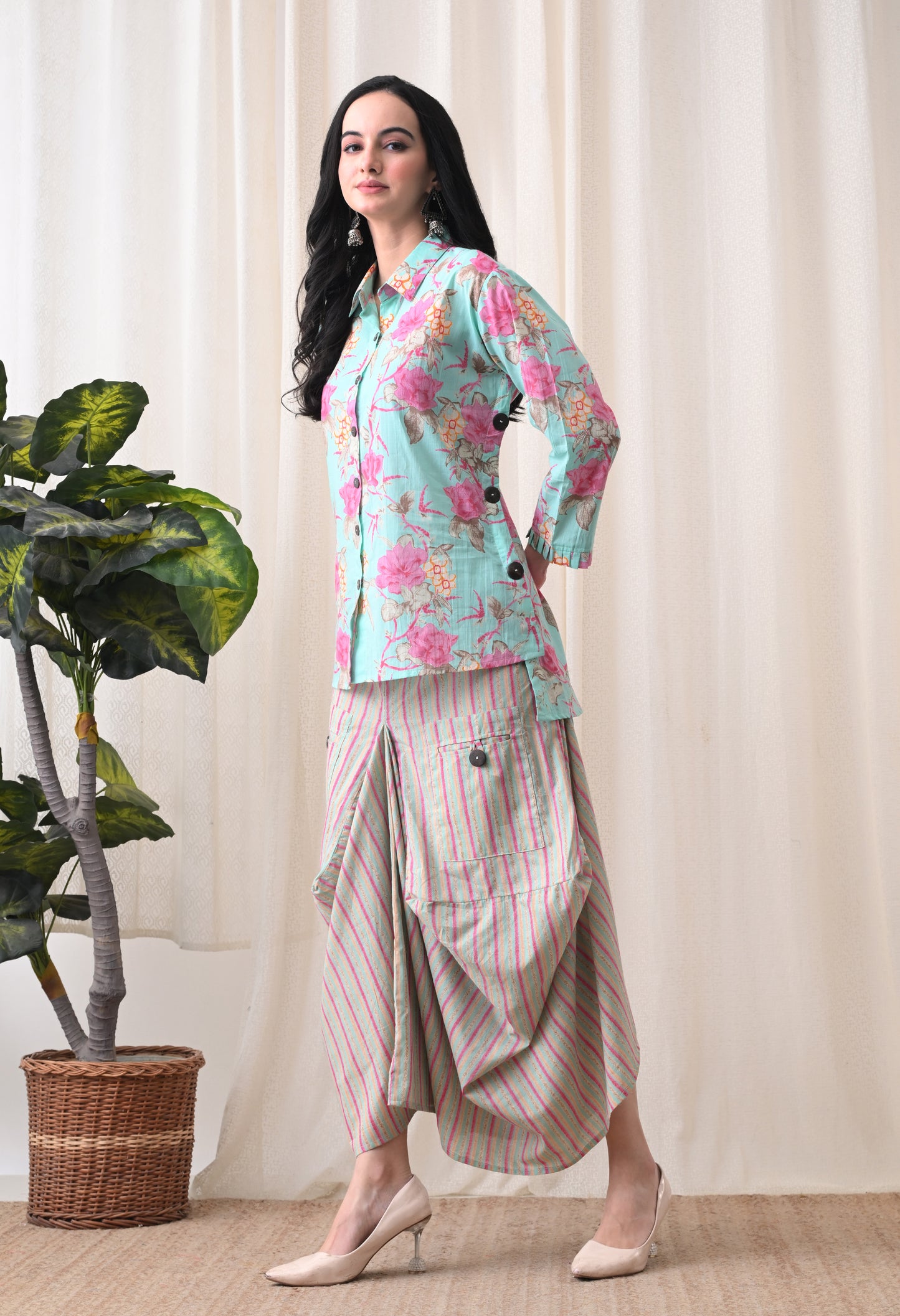 Sea Green Floral Hand-Block Shirt & Striped Utility Dhoti Co-ord Set