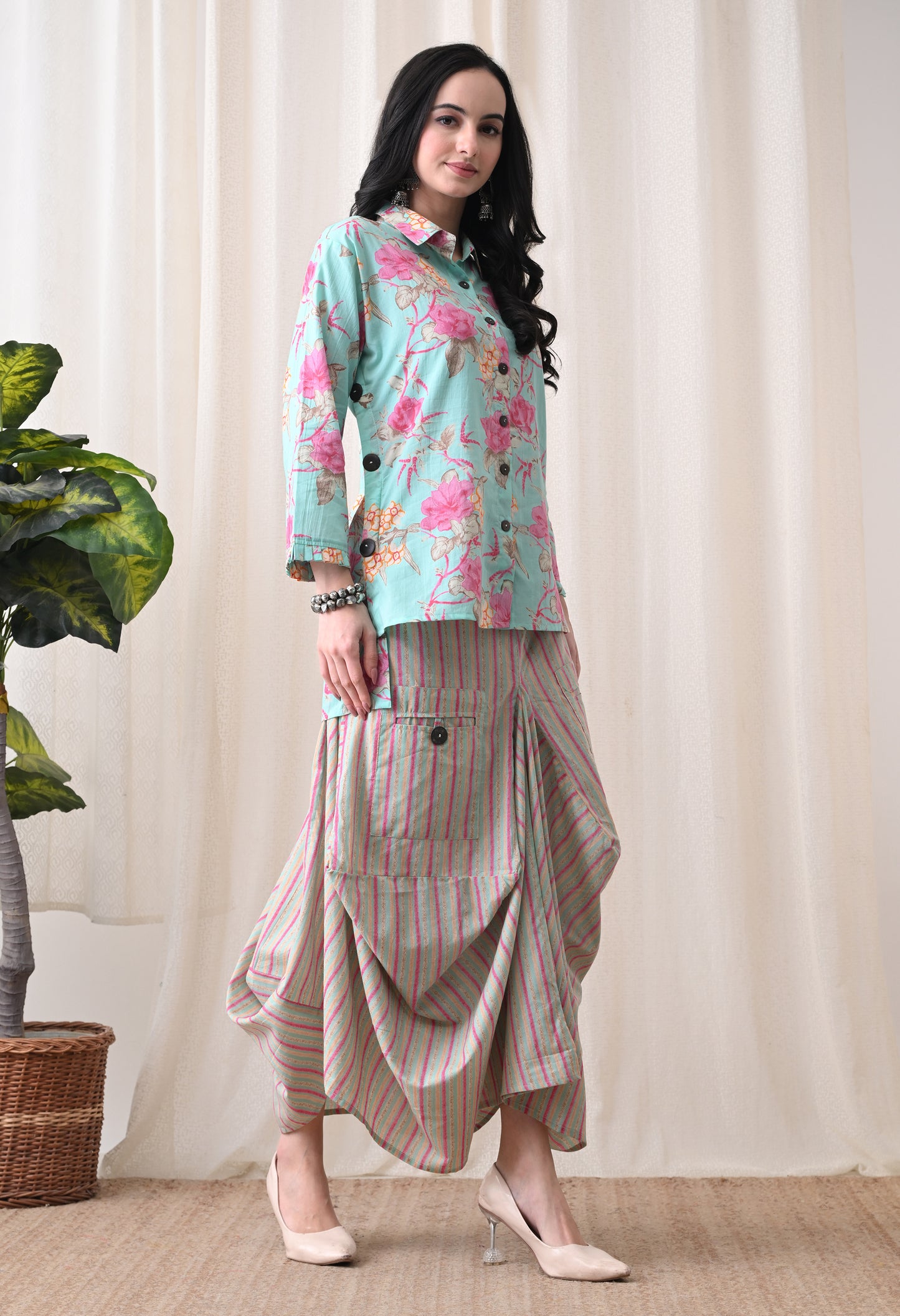 Sea Green Floral Hand-Block Shirt & Striped Utility Dhoti Co-ord Set
