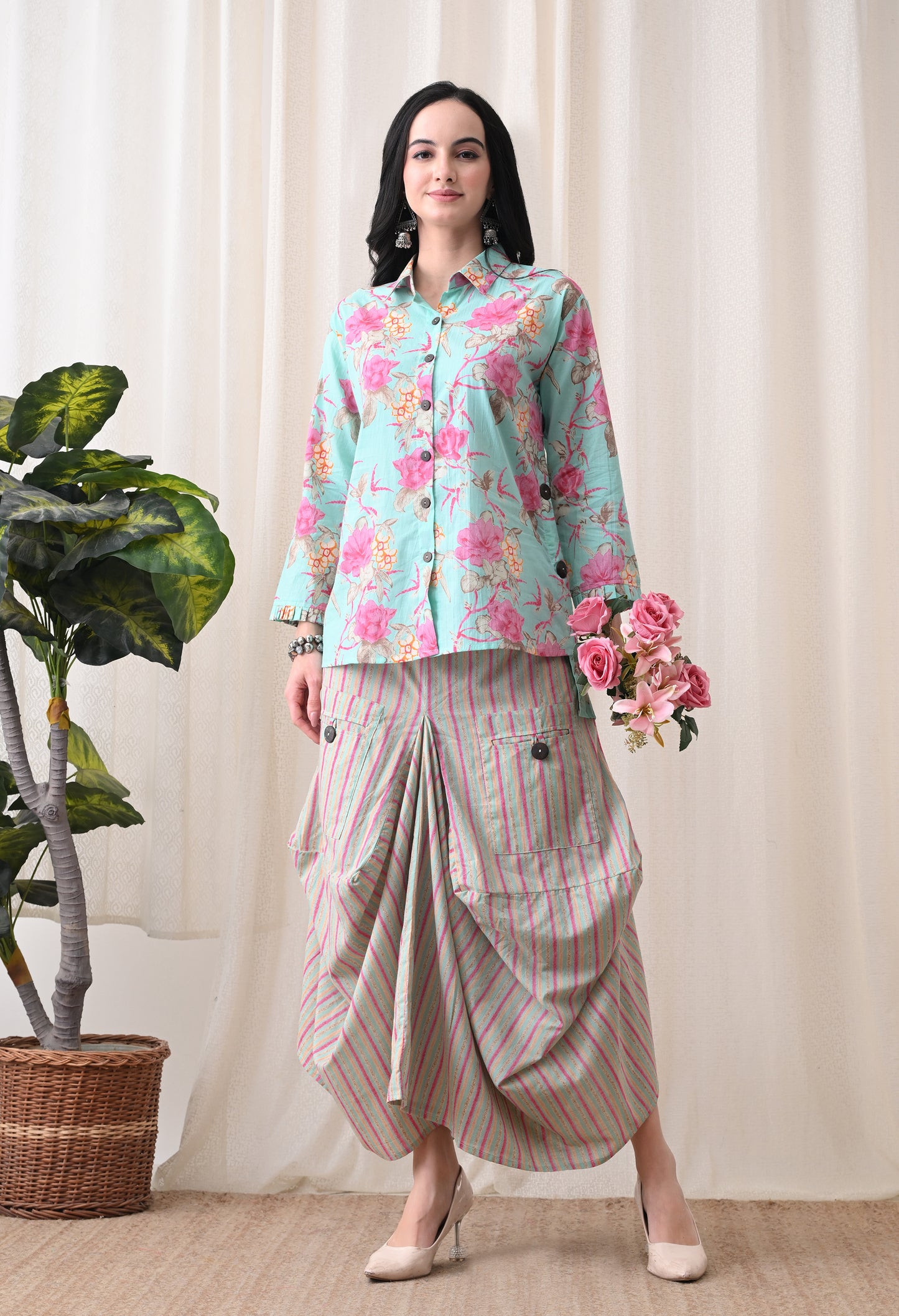 Sea Green Floral Hand-Block Shirt & Striped Utility Dhoti Co-ord Set