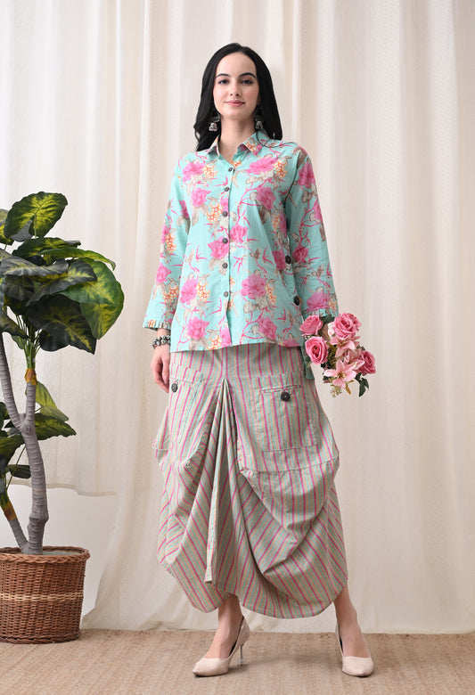 Sea Green Floral Hand-Block Shirt & Striped Utility Dhoti Co-ord Set