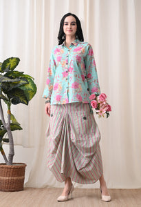 Sea Green Floral Hand-Block Shirt & Striped Utility Dhoti Co-ord Set