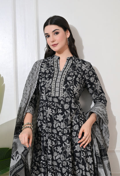 Monochrome Bloom Cotton Anarkali Suit Set