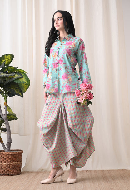 Sea Green Floral Hand-Block Shirt & Striped Utility Dhoti Co-ord Set