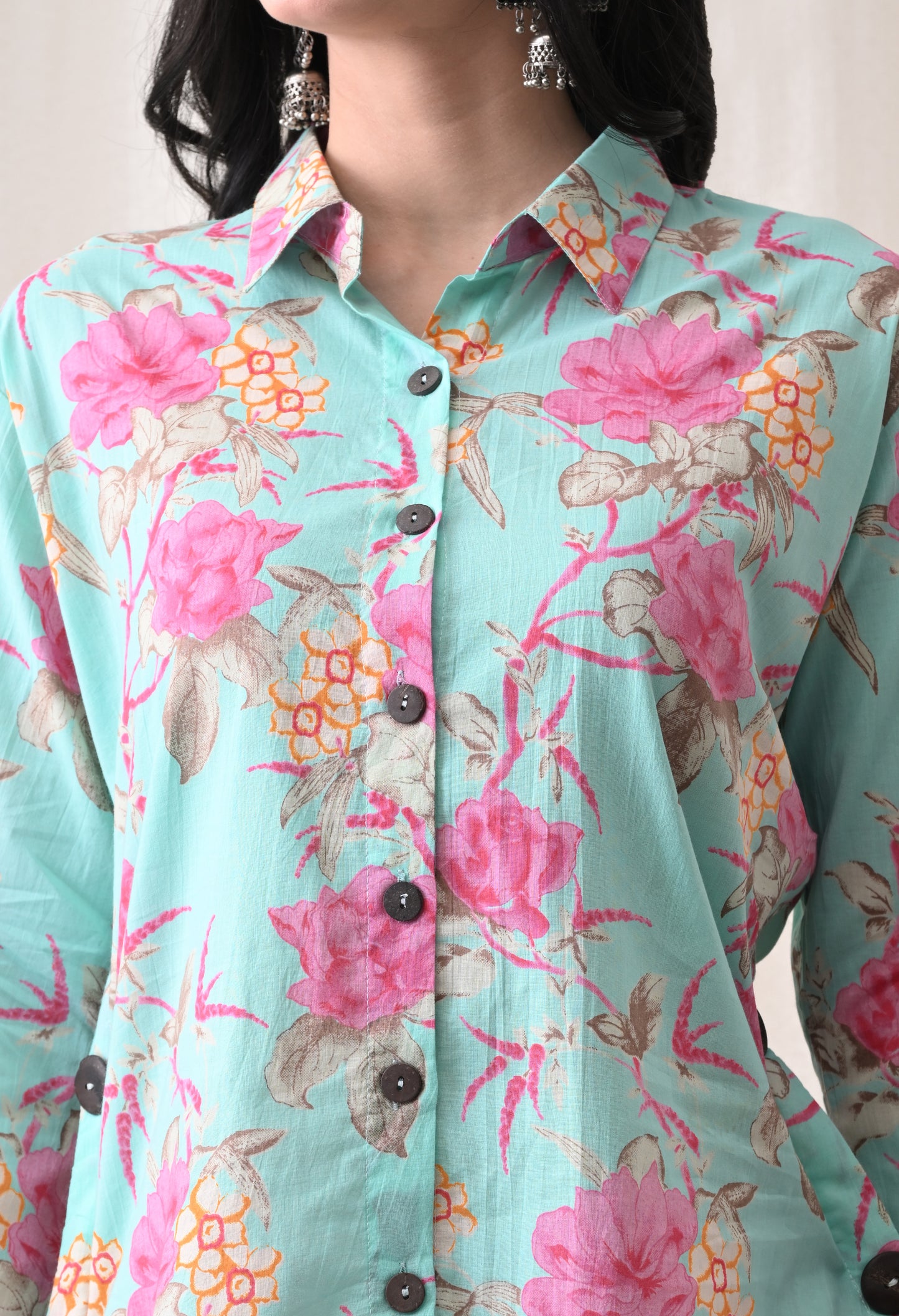 Sea Green Floral Hand-Block Shirt & Striped Utility Dhoti Co-ord Set