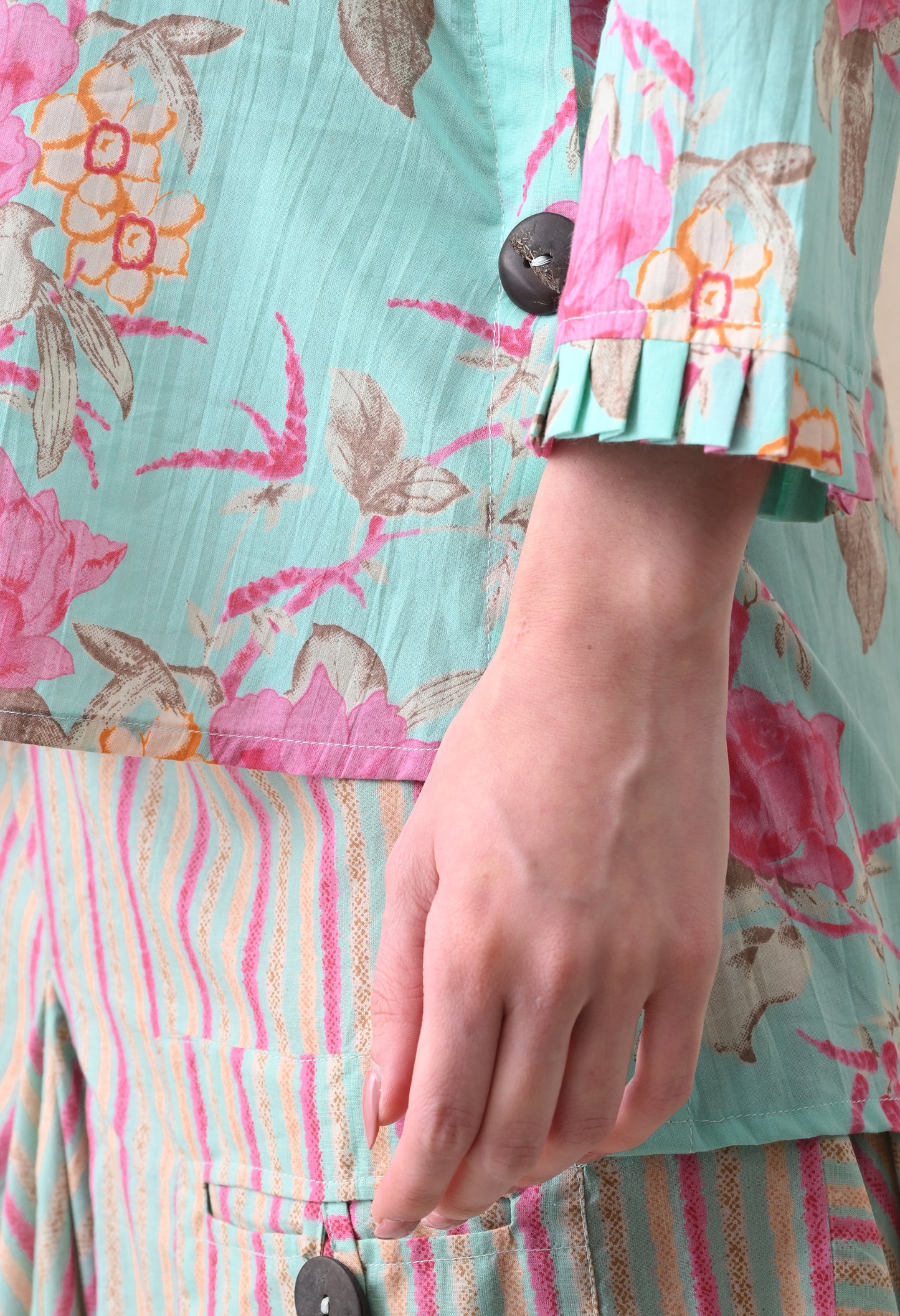 Sea Green Floral Hand-Block Shirt & Striped Utility Dhoti Co-ord Set