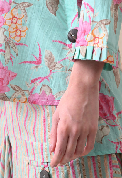 Sea Green Floral Hand-Block Shirt & Striped Utility Dhoti Co-ord Set