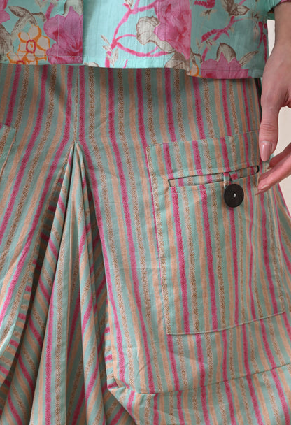 Sea Green Floral Hand-Block Shirt & Striped Utility Dhoti Co-ord Set