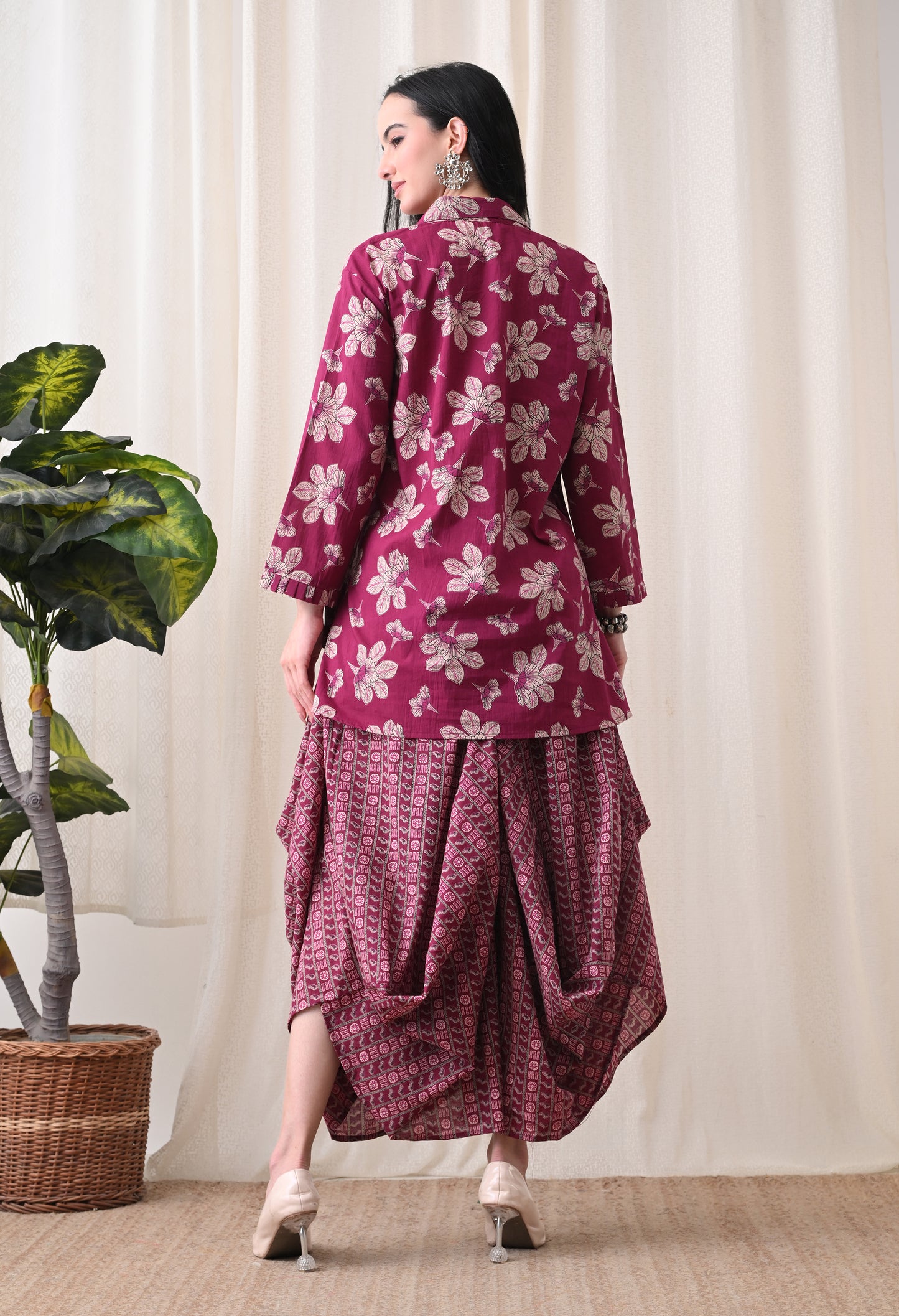 Berry Purple Floral Hand-Block Shirt & Fluid Utility Dhoti Co-ord Set