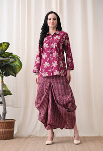 Berry Purple Floral Hand-Block Shirt & Fluid Utility Dhoti Co-ord Set