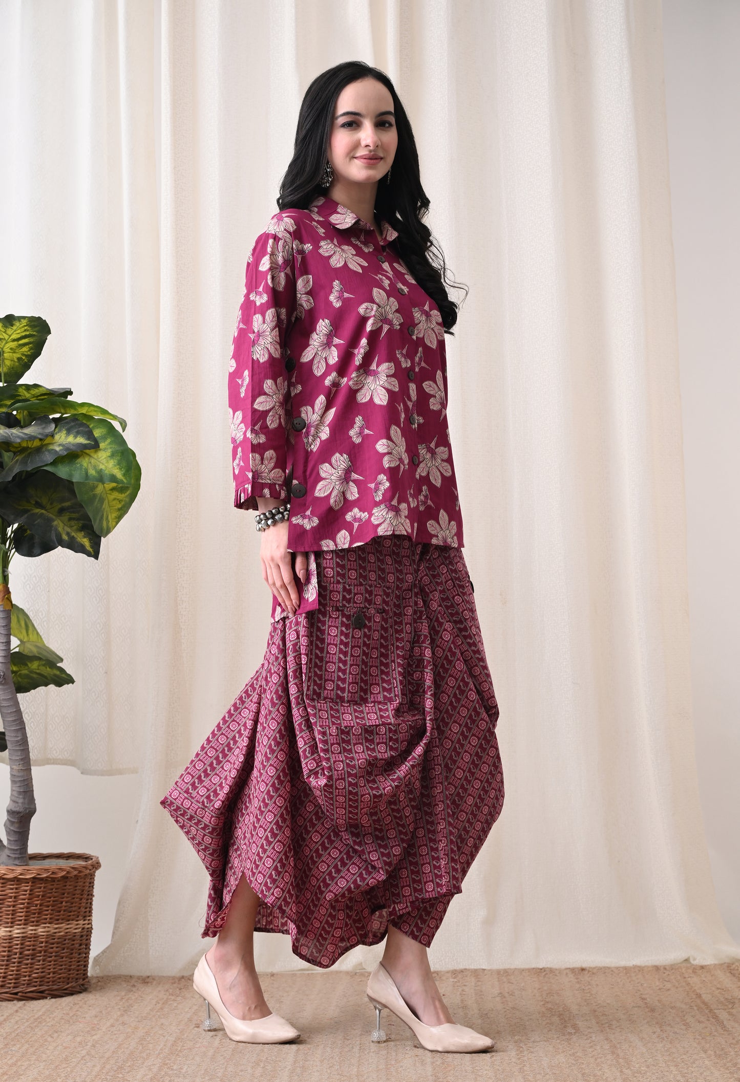 Berry Purple Floral Hand-Block Shirt & Fluid Utility Dhoti Co-ord Set