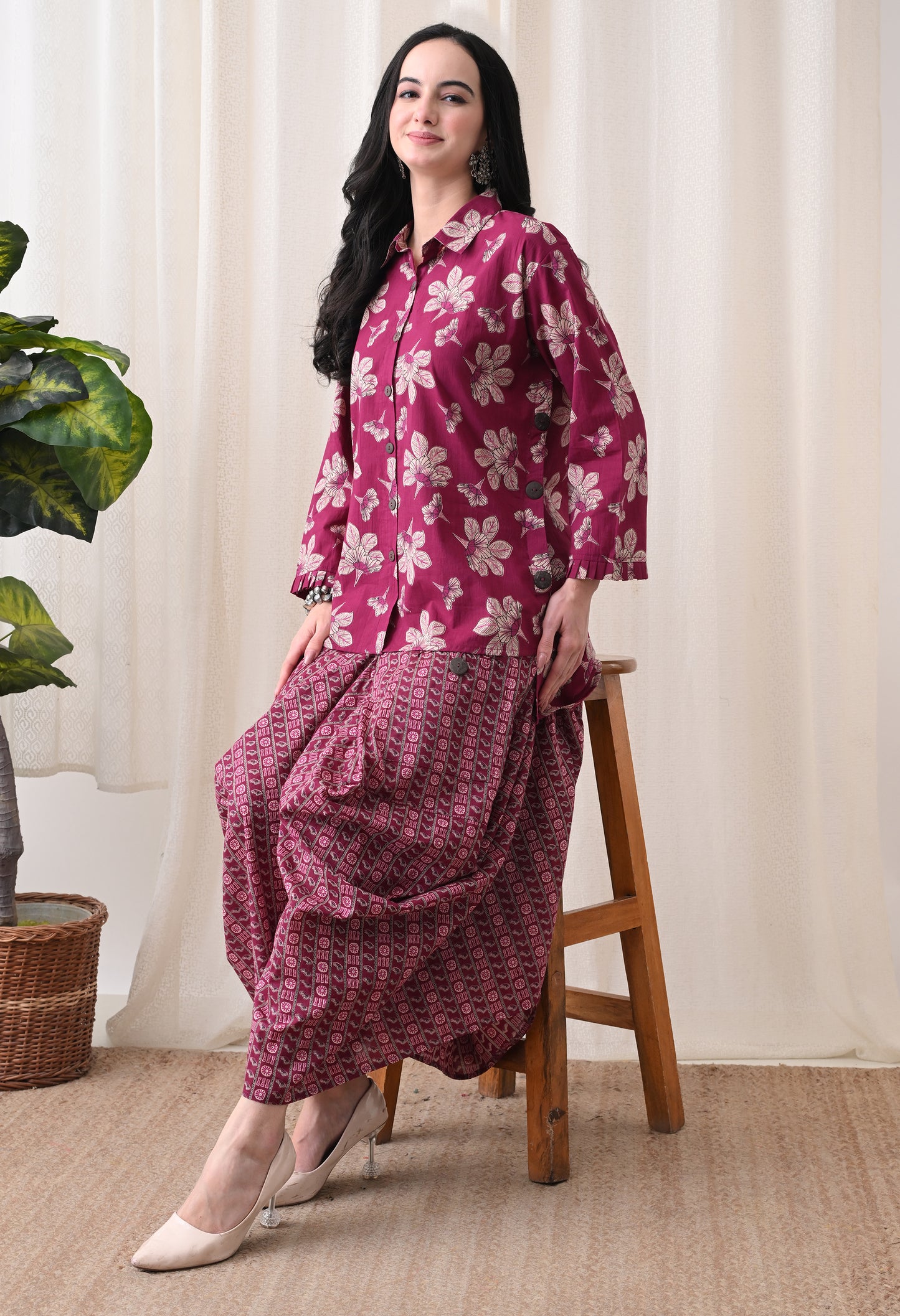 Berry Purple Floral Hand-Block Shirt & Fluid Utility Dhoti Co-ord Set
