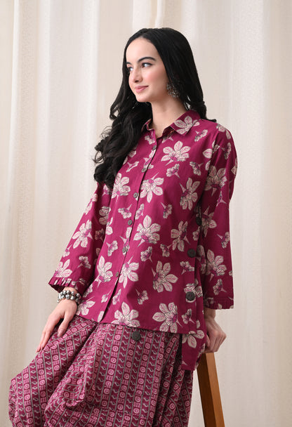 Berry Purple Floral Hand-Block Shirt & Fluid Utility Dhoti Co-ord Set