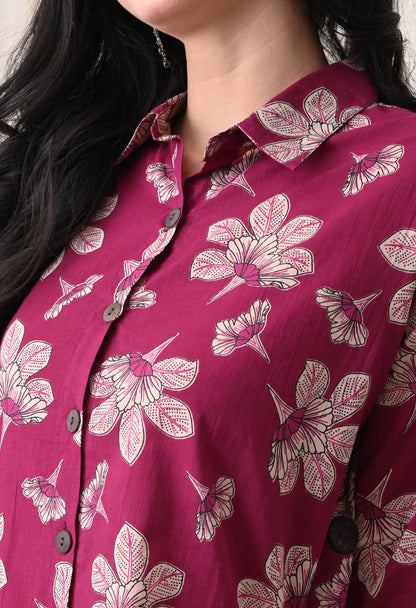Berry Purple Floral Hand-Block Shirt & Fluid Utility Dhoti Co-ord Set