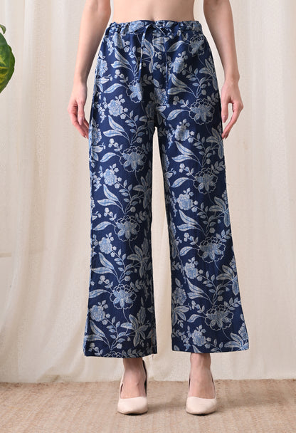 Indigo Blue Floral Hand-Block Print Longline Shirt & Wide-Leg Trouser Set
