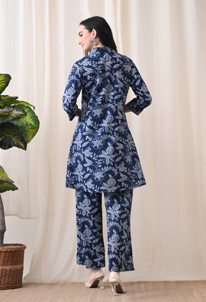 Indigo Blue Floral Hand-Block Print Longline Shirt & Wide-Leg Trouser Set