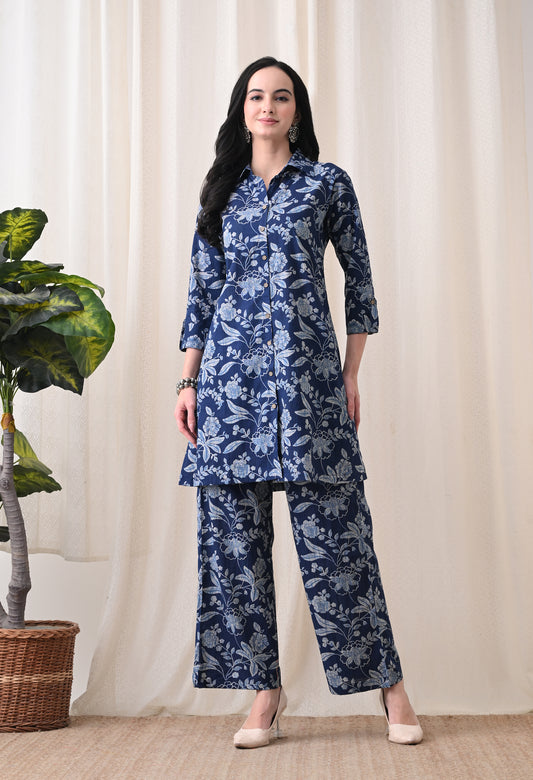 Indigo Blue Floral Hand-Block Print Longline Shirt & Wide-Leg Trouser Set