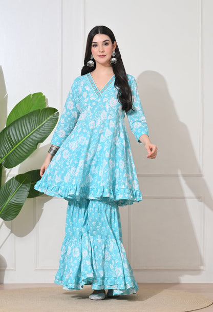 Aqua Bloom Cotton Sharara Set