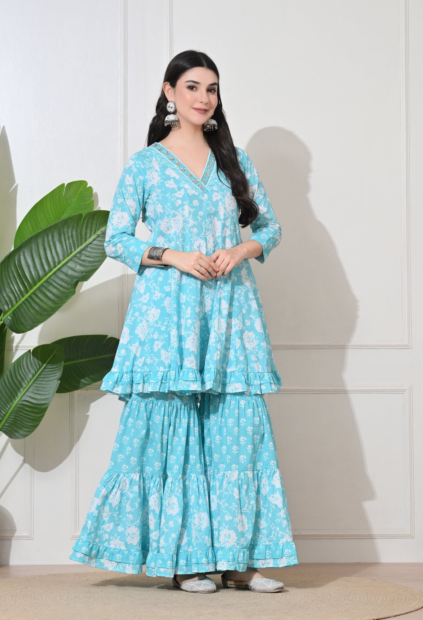 Aqua Bloom Cotton Sharara Set