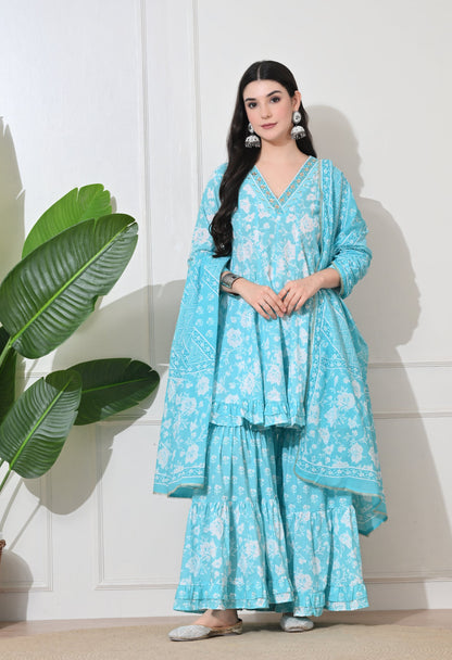 Aqua Bloom Cotton Sharara Set
