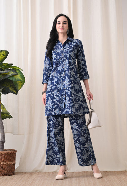 Indigo Blue Floral Hand-Block Print Longline Shirt & Wide-Leg Trouser Set