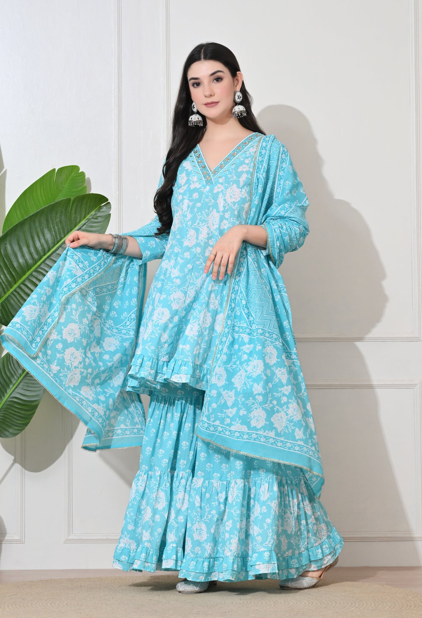 Aqua Bloom Cotton Sharara Set
