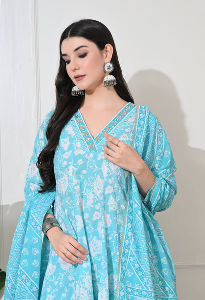Aqua Bloom Cotton Sharara Set