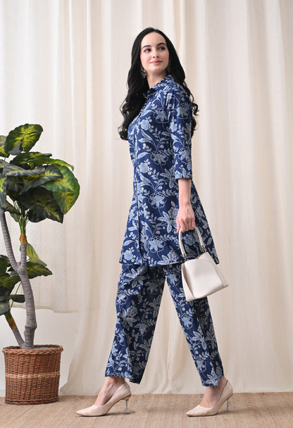 Indigo Blue Floral Hand-Block Print Longline Shirt & Wide-Leg Trouser Set