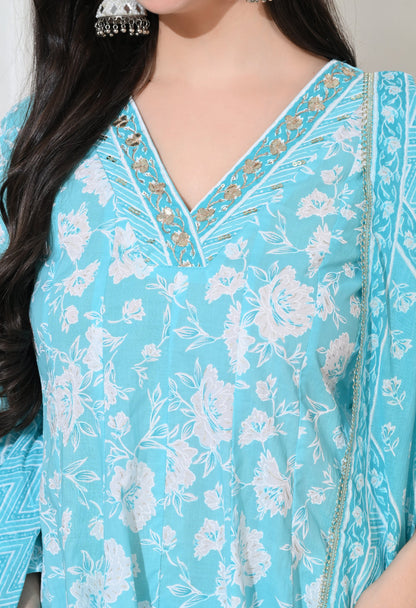 Aqua Bloom Cotton Sharara Set