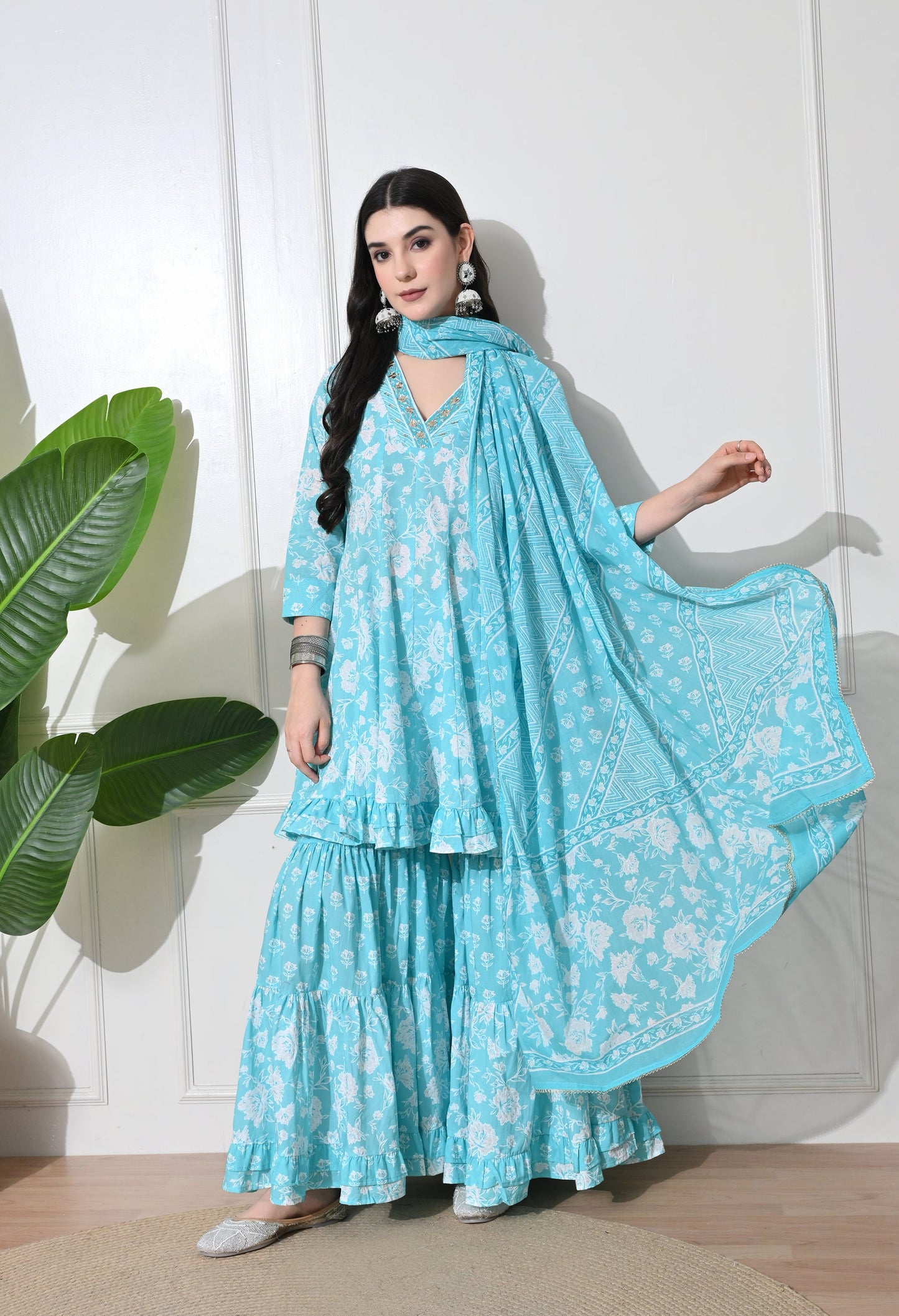 Aqua Bloom Cotton Sharara Set