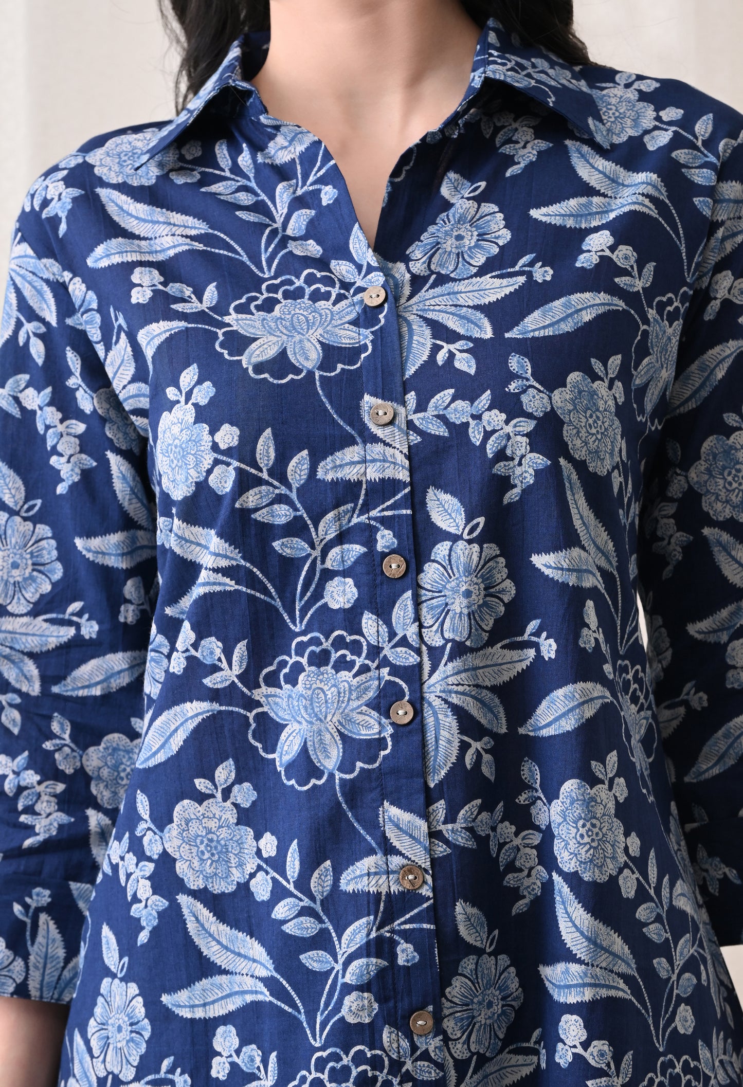 Indigo Blue Floral Hand-Block Print Longline Shirt & Wide-Leg Trouser Set