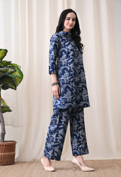 Indigo Blue Floral Hand-Block Print Longline Shirt & Wide-Leg Trouser Set