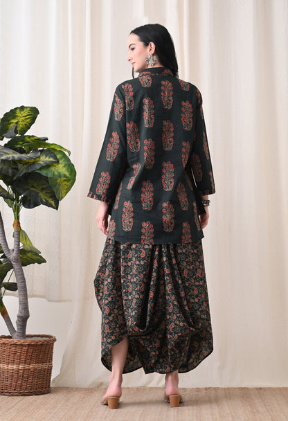 Emerald Ajrakh Hand-Block Print Shirt & Fluid Draped Dhoti Co-ord Set