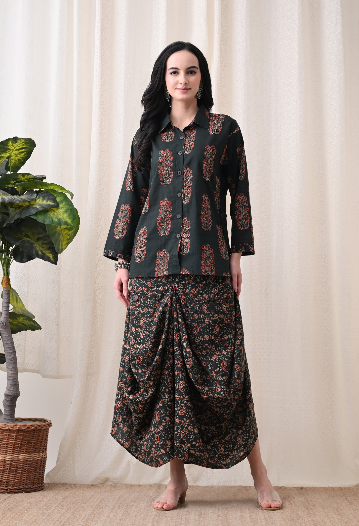 Emerald Ajrakh Hand-Block Print Shirt & Fluid Draped Dhoti Co-ord Set