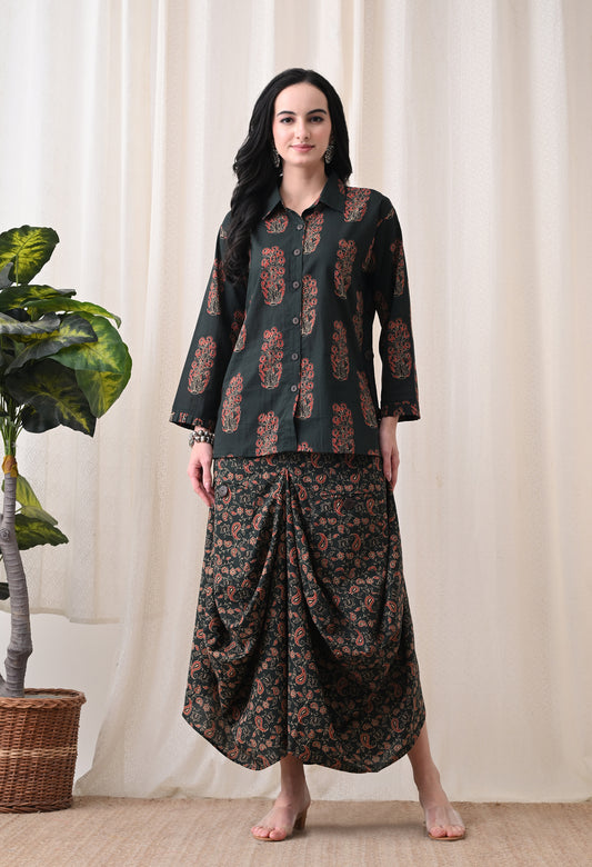 Emerald Ajrakh Hand-Block Print Shirt & Fluid Draped Dhoti Co-ord Set