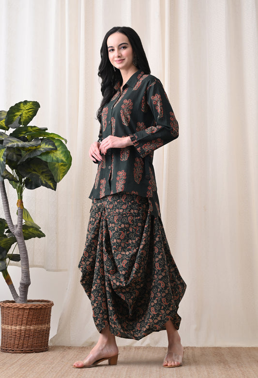 Emerald Ajrakh Hand-Block Print Shirt & Fluid Draped Dhoti Co-ord Set