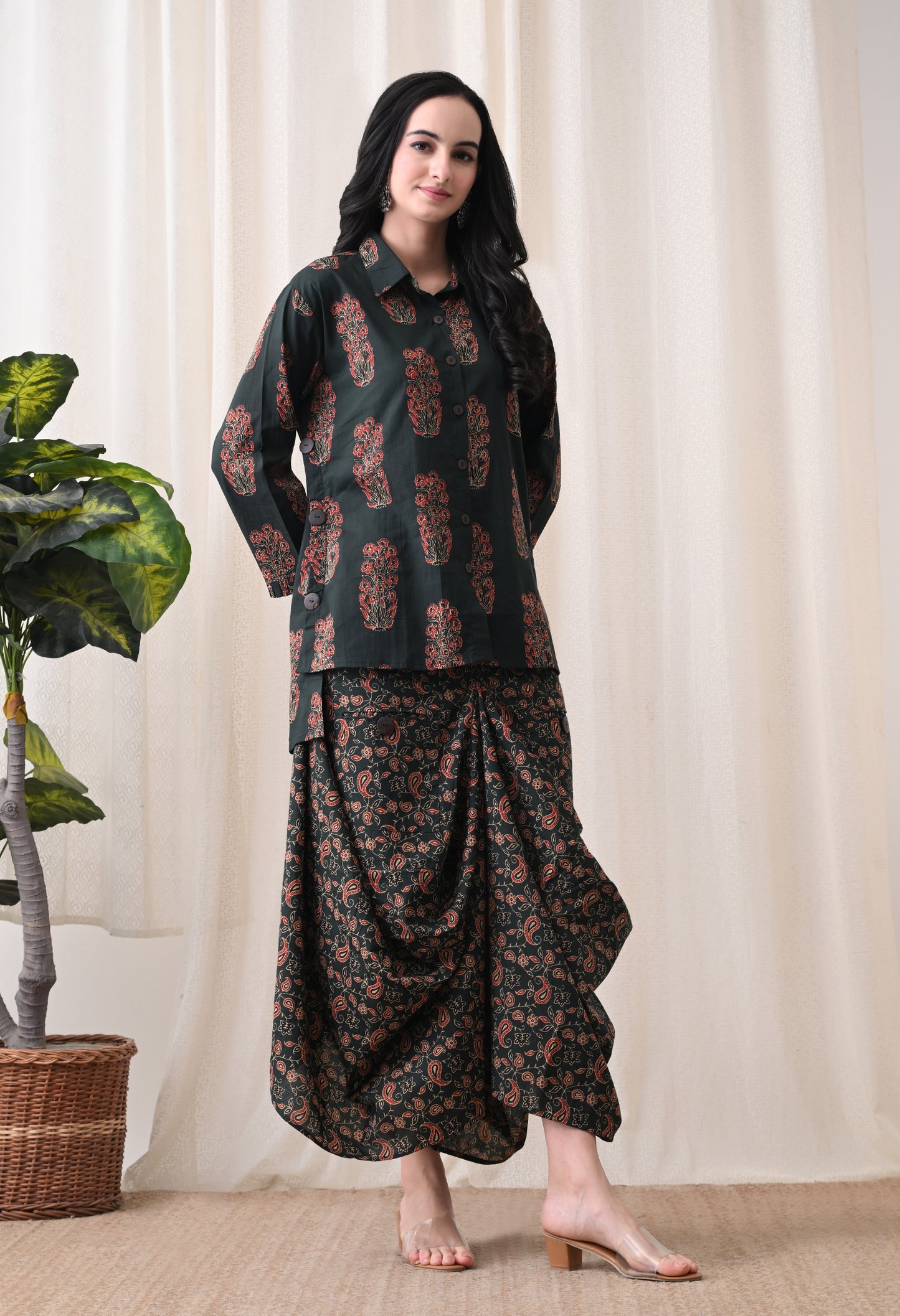 Emerald Ajrakh Hand-Block Print Shirt & Fluid Draped Dhoti Co-ord Set