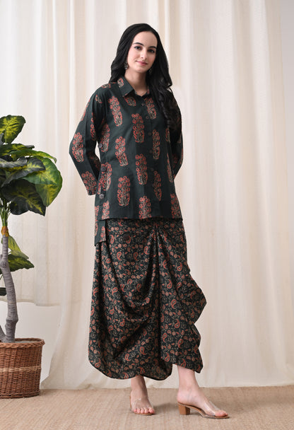Emerald Ajrakh Hand-Block Print Shirt & Fluid Draped Dhoti Co-ord Set