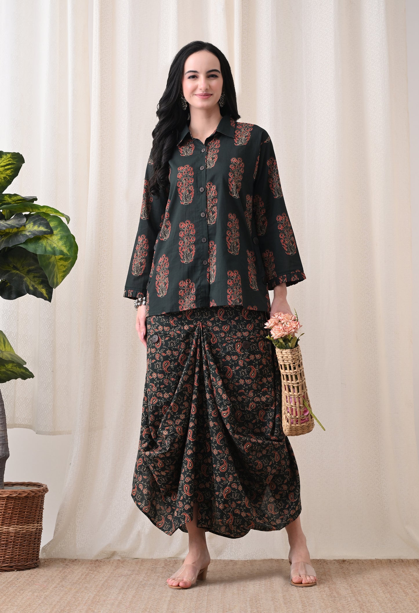 Emerald Ajrakh Hand-Block Print Shirt & Fluid Draped Dhoti Co-ord Set