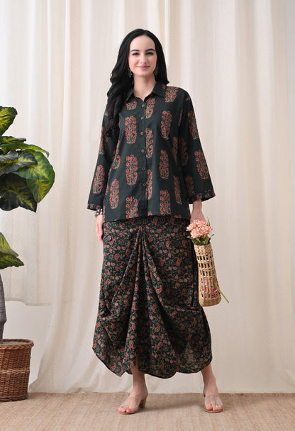 Emerald Ajrakh Hand-Block Print Shirt & Fluid Draped Dhoti Co-ord Set