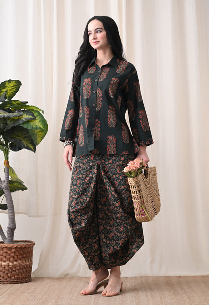 Emerald Ajrakh Hand-Block Print Shirt & Fluid Draped Dhoti Co-ord Set