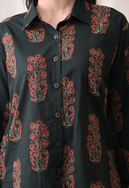 Emerald Ajrakh Hand-Block Print Shirt & Fluid Draped Dhoti Co-ord Set