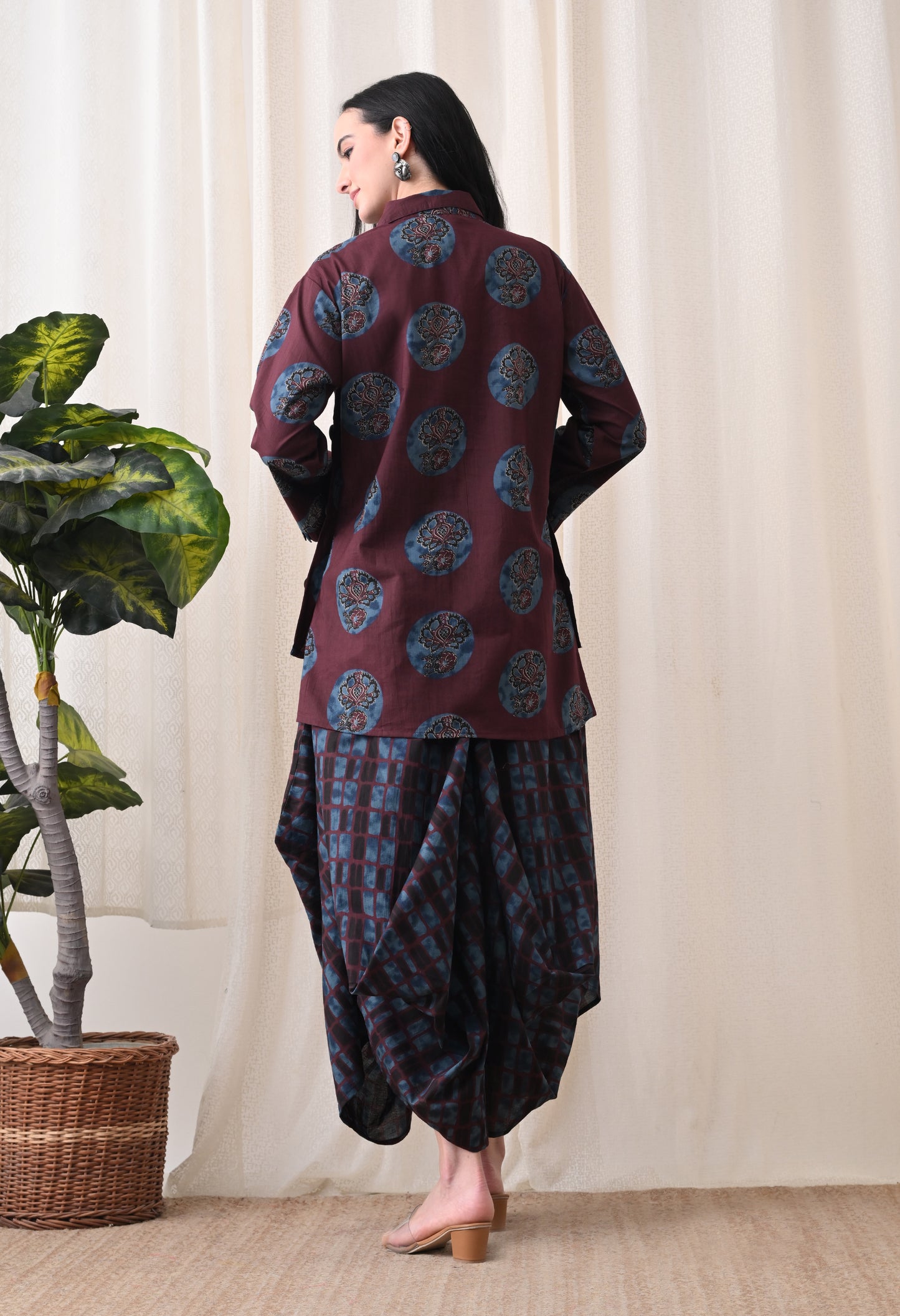 Plum & Indigo Hand-Block Print Shirt & Draped Utility Dhoti Co-ord Set