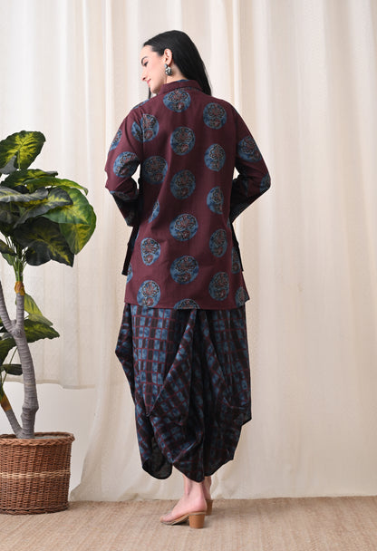 Plum & Indigo Hand-Block Print Shirt & Draped Utility Dhoti Co-ord Set