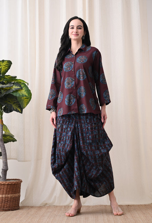 Plum & Indigo Hand-Block Print Shirt & Draped Utility Dhoti Co-ord Set