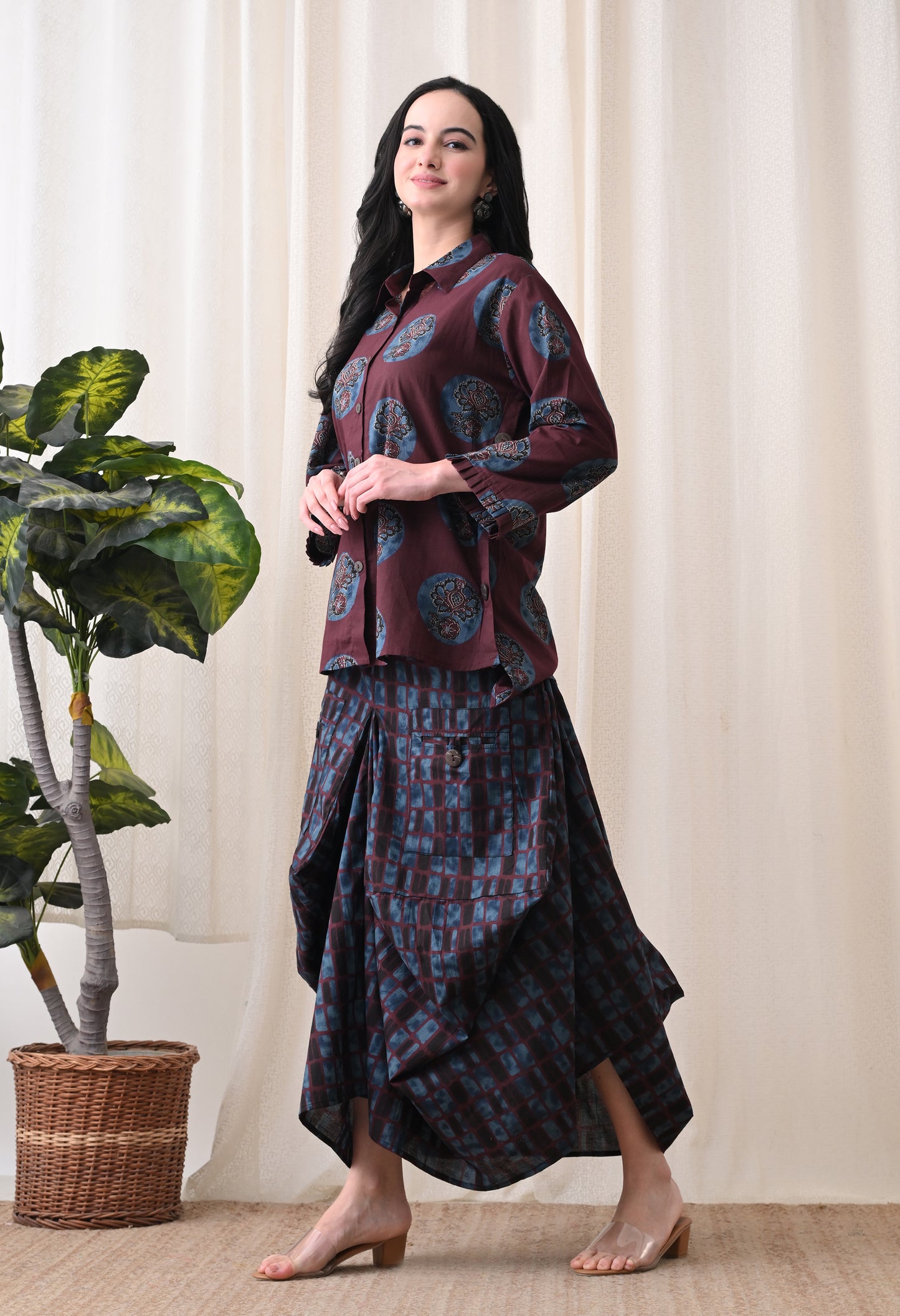 Plum & Indigo Hand-Block Print Shirt & Draped Utility Dhoti Co-ord Set