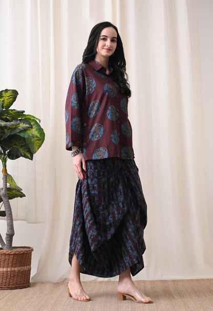 Plum & Indigo Hand-Block Print Shirt & Draped Utility Dhoti Co-ord Set
